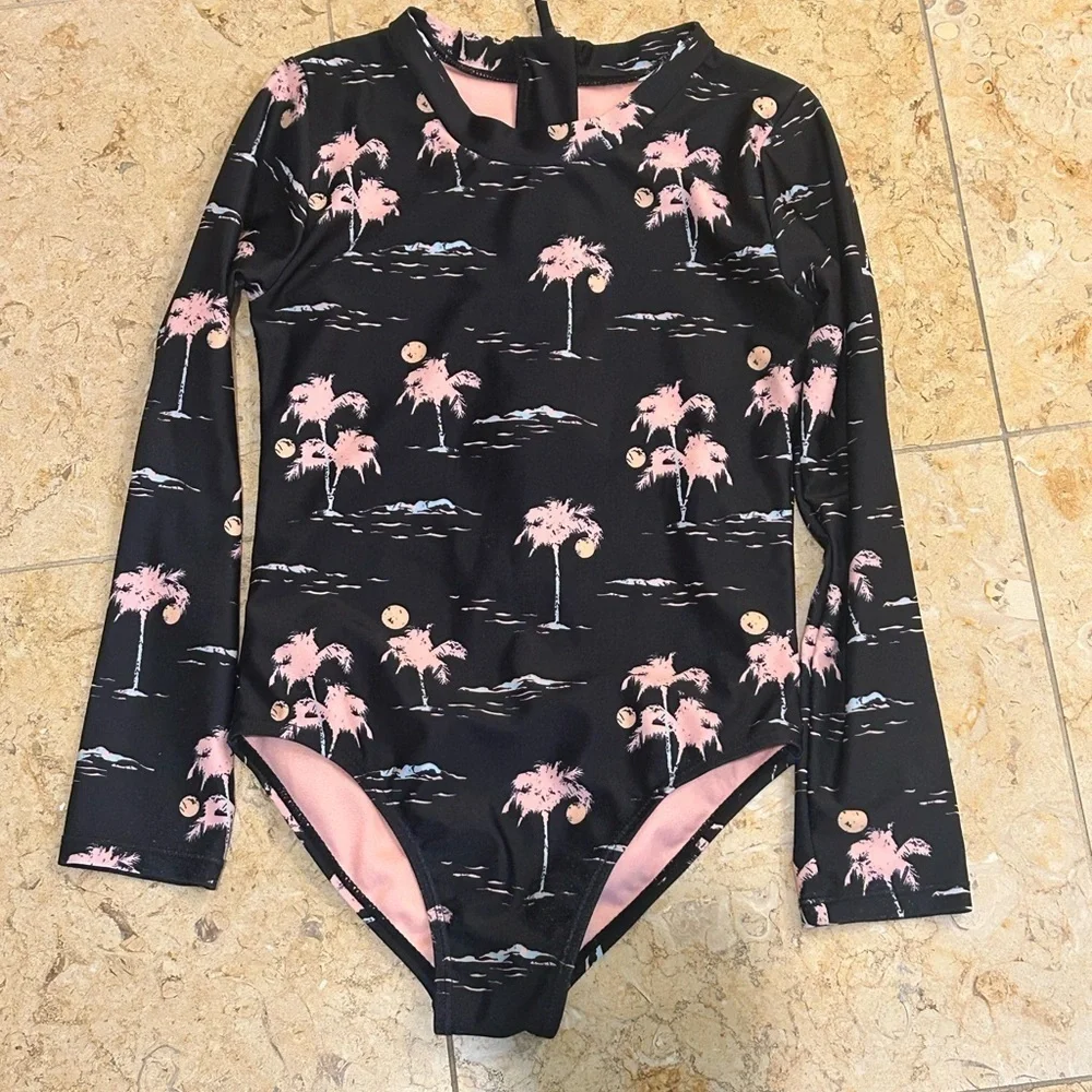 Feather 4 Arrow Girls Black & Pink Palm-Print Long Sleeve One-Piece Swimsuit 6